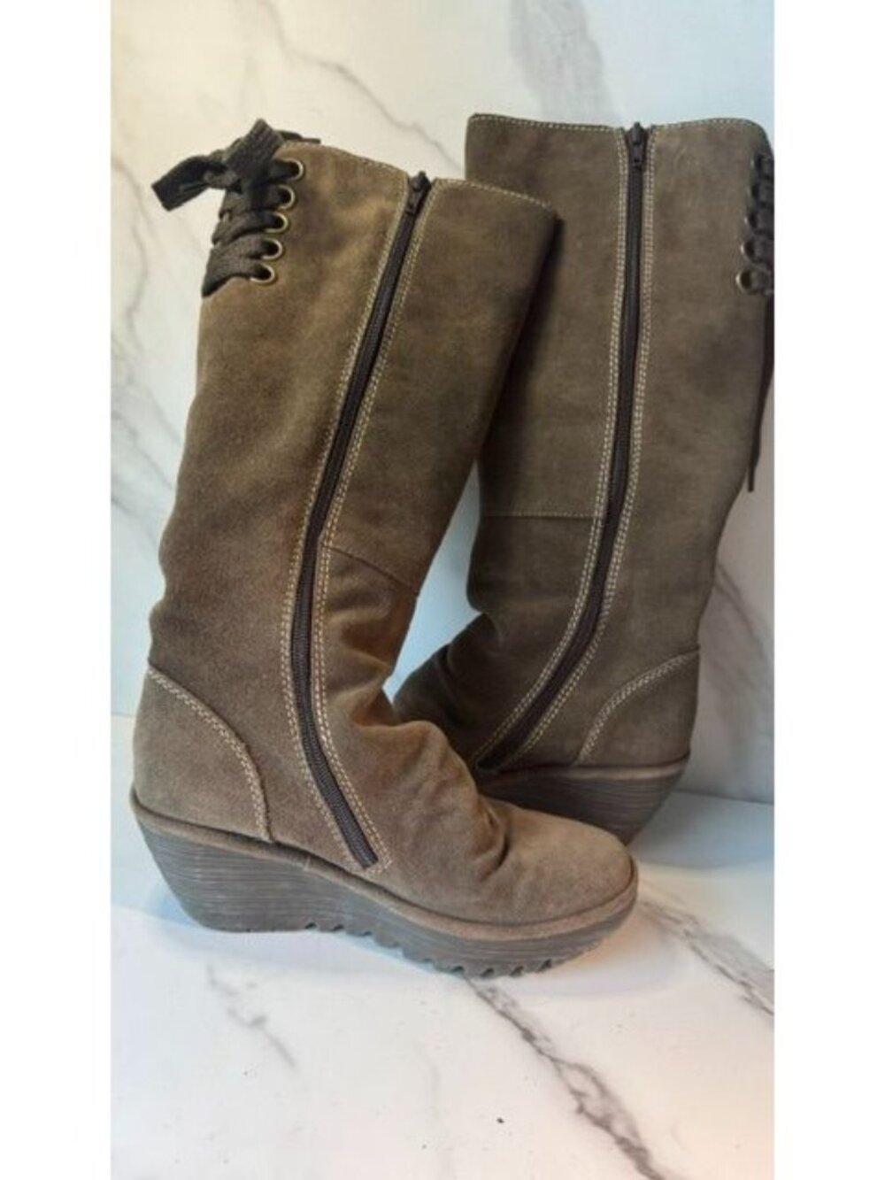 Fly London Knee High Wedge Boots | Size 37 / US 6.5 | Brown Taupe Suede